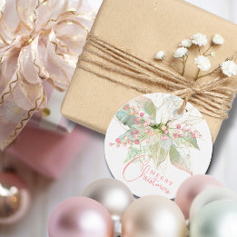 Étiquettes Cadeau Poinsettia Pastel Rose or Chic Joyeux Noël