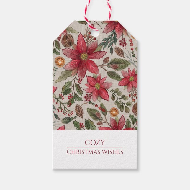 Étiquettes-cadeau Poinsettias de Noël rustiques (Devant)