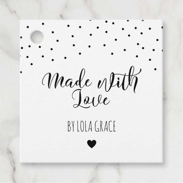 Étiquettes Cadeau Points Noir Blanc Fabriqués Avec Amour (Devant)