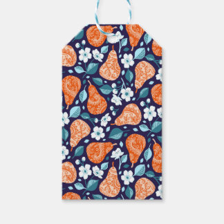 Étiquettes-cadeau Poires et fleurs en orange et bleu