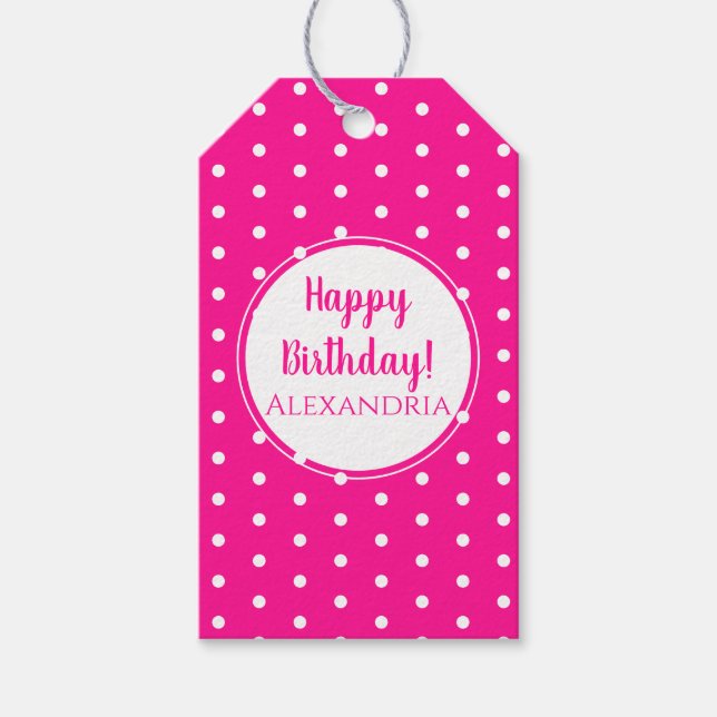 Étiquettes-cadeau Pois roses chauds modernes heureux anniversaire (Devant)