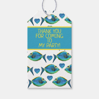 Étiquettes-cadeau Poisson et cœurs tropicaux à l'aquarelle bleue