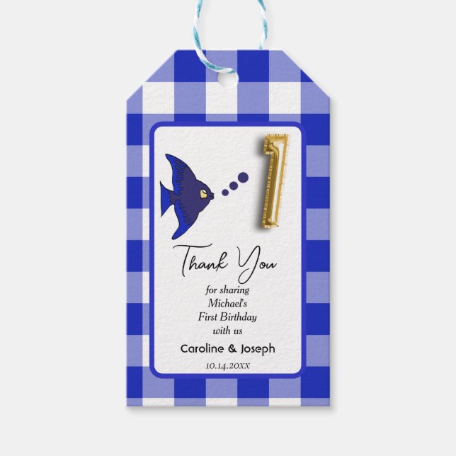 Étiquettes-cadeau Poisson tropical, En vichy bleu Merci (Devant)