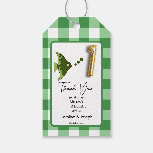 Étiquettes-cadeau Poisson tropical, En vichy vert Merci anniversaire (Devant)