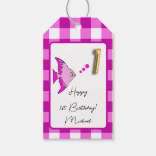 Étiquettes-cadeau Poisson Tropical, Rose En vichy Joyeux 1er anniver
