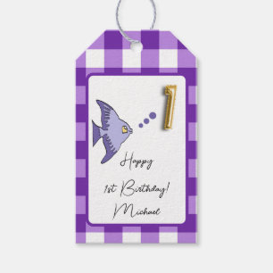 Étiquettes-cadeau Poisson tropical violet En vichy Joyeux 1er annive