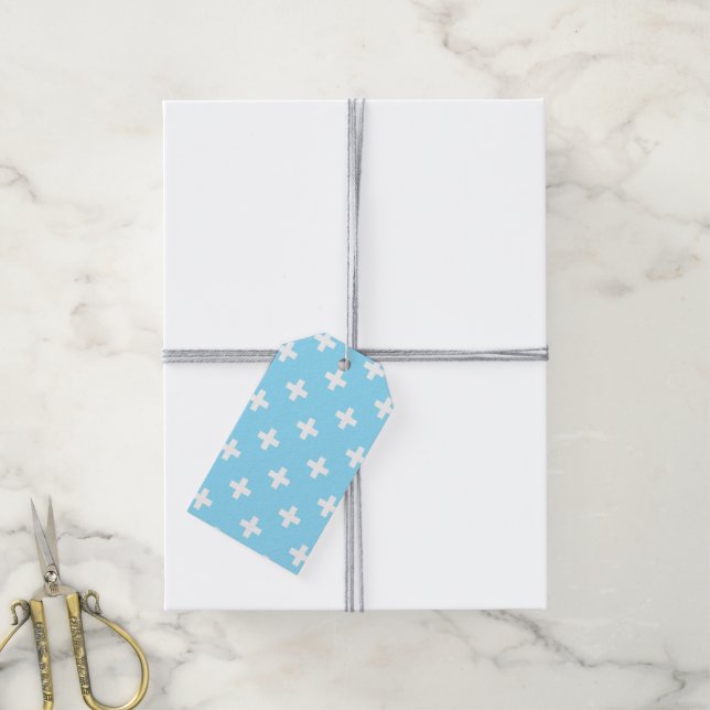 Étiquettes-cadeau Polka blanche croise sur bleu bébé (Avec de la ficelle)