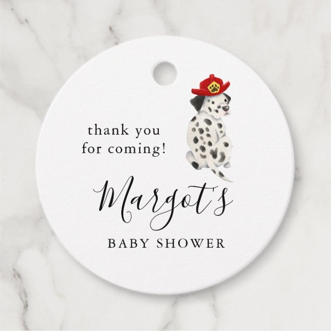 Étiquettes Cadeau Pompier Baby shower de Chien Dalmatien (Devant)