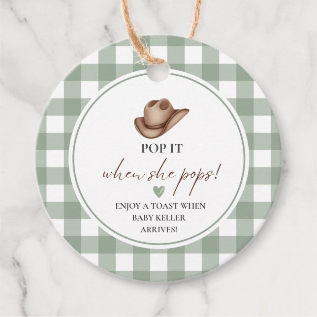 Étiquettes Cadeau Pop it when she Pops Green Gingham Cowboy  (Devant)