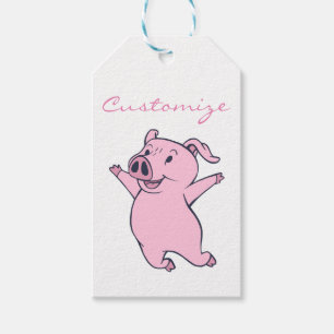 Étiquettes-cadeau Porc rose heureux sautant Thunder_Cove
