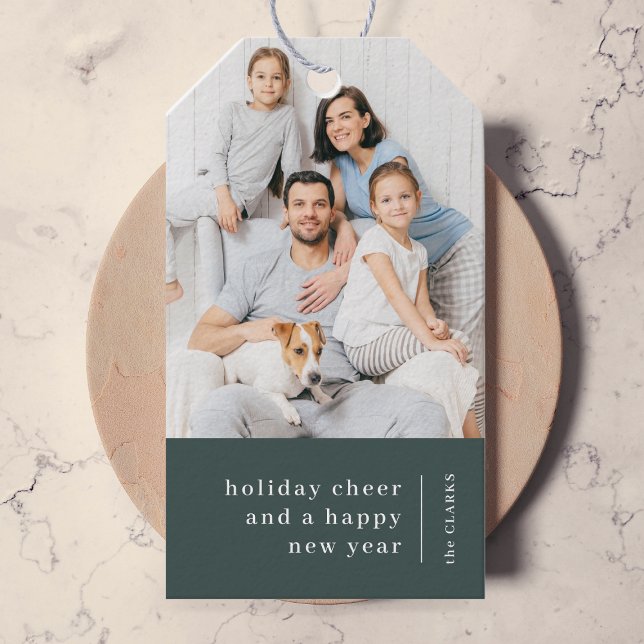 Étiquettes-cadeau Portrait de famille de Noël | Vert forestier minim (Créateur téléchargé)