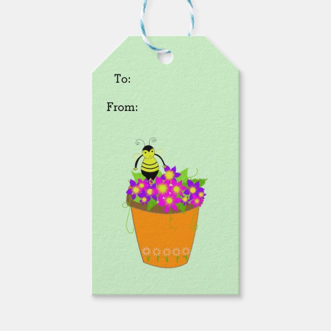 Étiquettes-cadeau Pot à fleurs Whimsical avec abeille (Devant)