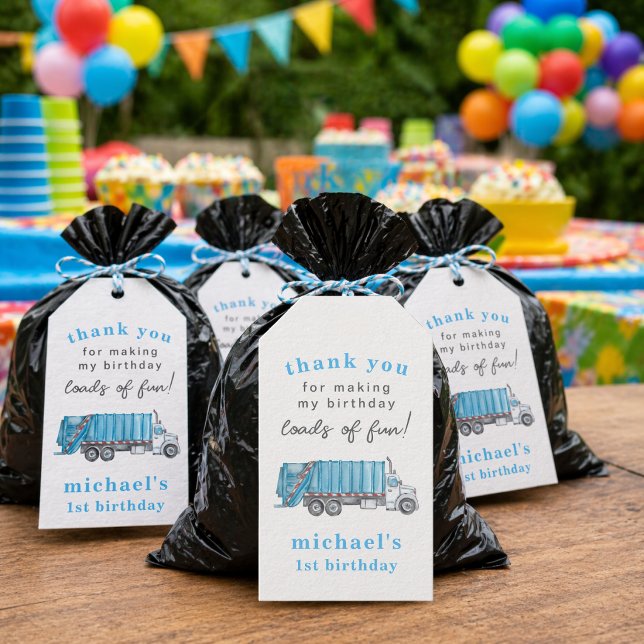 Étiquettes-cadeau Poubelle Camion à Ordures 1er Anniversaire Merci C (Créateur téléchargé)