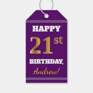 Étiquettes-cadeau Pourpre, anniversaire d'or de Faux 21ème + Nom