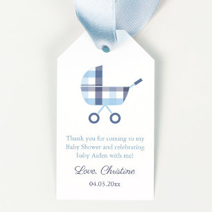 Étiquettes-cadeau Poussette bleue préppy Baby shower de poussette ga