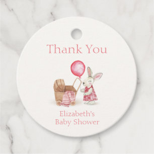 Étiquettes Cadeau Poussette Bunny Balloon fille Merci Baby shower