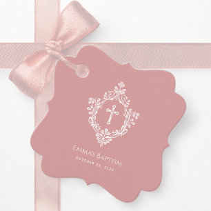 Étiquettes Cadeau Poussette Fille Baptême Rose Poussiéreuse Croix et