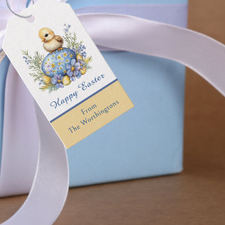 Étiquettes-cadeau Poussin Joyeuses Pâques Œuf Bleu Jaune Fleurs