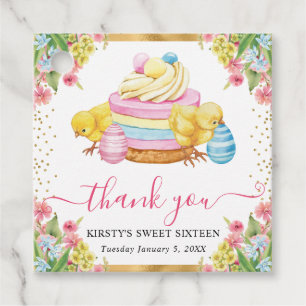 Étiquettes Cadeau Poussins de Pâques à l'aquarelle et gâteau Printem