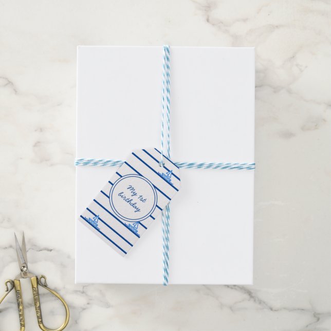 Étiquettes-cadeau Premier anniversaire Blue Sail Bateau et Stripes F (Avec de laficelle)