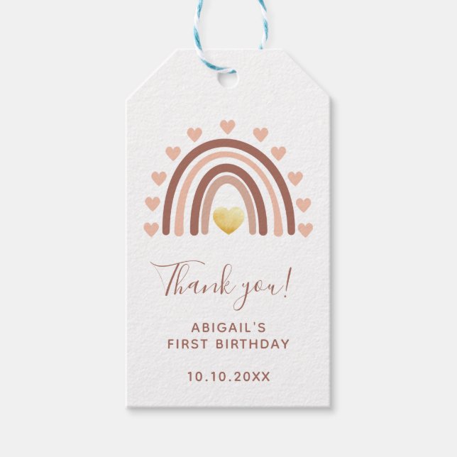 Étiquettes-cadeau Premier anniversaire Boho Rainbow Merci (Devant)