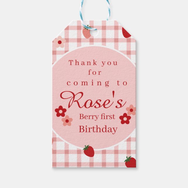 Étiquettes-cadeau Premier anniversaire de fraise rose et rouge (Devant)