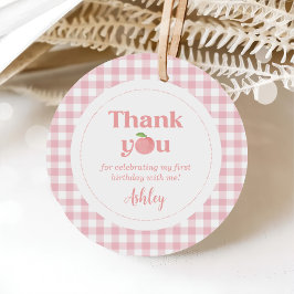 Étiquettes Cadeau Premier anniversaire de Peach En vichy rose