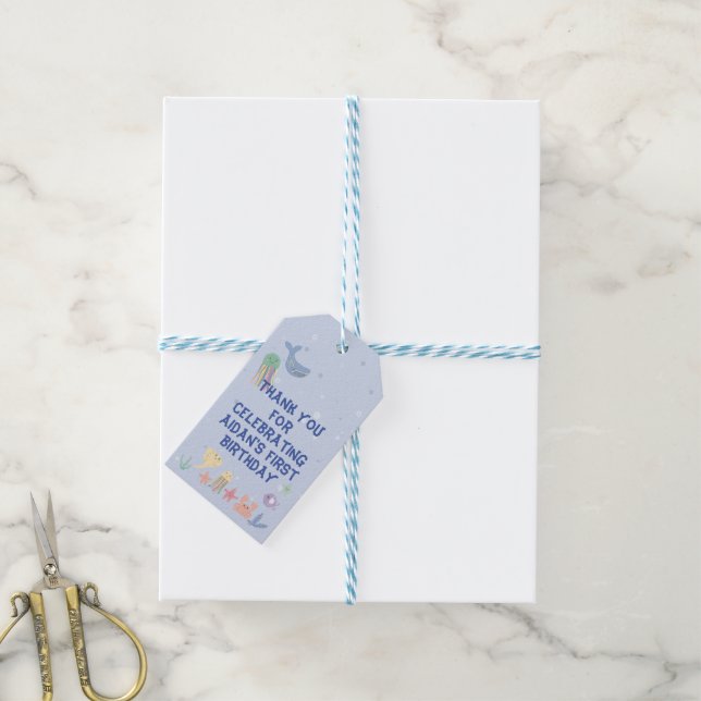 Étiquettes-cadeau Premier anniversaire du monde sous-marin mignon (Avec de laficelle)