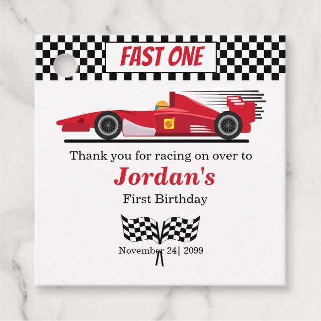 Étiquettes Cadeau Premier Anniversaire Red Race Car Fast One (Devant)