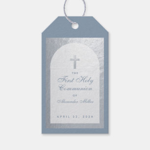 Étiquettes-cadeau Premier Communion Garçon Dusty Bleu Faux Arc Argen