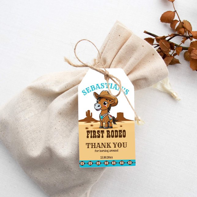 Étiquettes-cadeau Premier Rodeo cowboy bébé cheval fête d'anniversai (First rodeo western birthday party favor gift tags cute cowboy horse thank you favor tags)