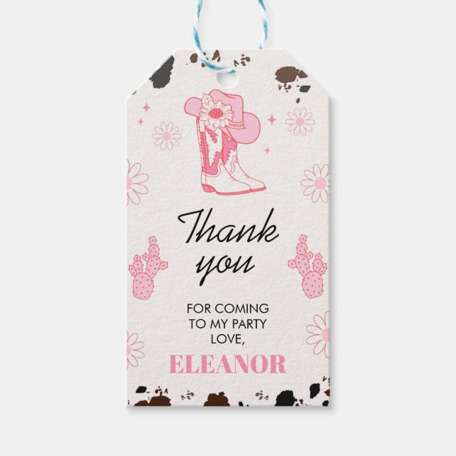 Étiquettes-cadeau Premier rodéo rose chaud 1er Merci d'anniversaire (Devant)