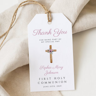 Étiquettes-cadeau Première communion fille croix florale rose mignon