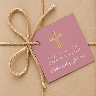 Étiquettes Cadeau Première communion fille croix rose élégante