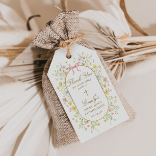 Étiquettes-cadeau Première communion fleurs sauvages aquarelle croix