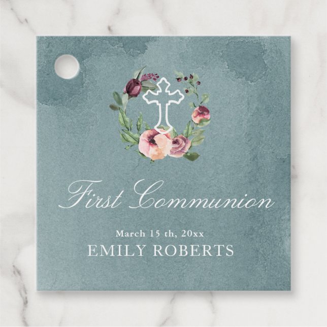 Étiquettes Cadeau première communion marsala floral monogramme océan (Devant)