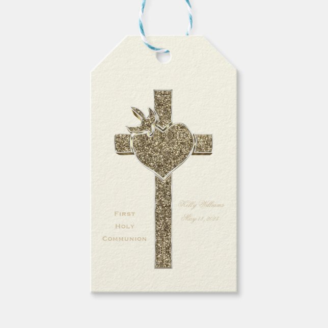 Étiquettes-cadeau Première Croix de la Communion avec la colombe et  (Devant)