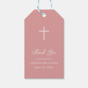 Étiquettes-cadeau Première Sainte Communion Croix rose Merci simple