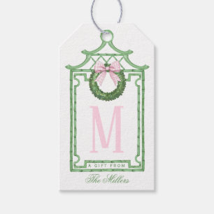 Étiquettes-cadeau Preppy Chinoiserie Pagode de Noël Monogramme