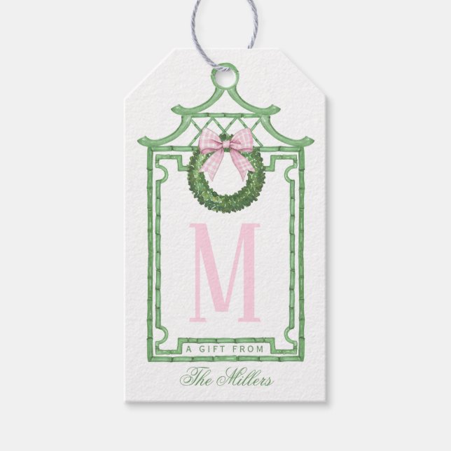 Étiquettes-cadeau Preppy Chinoiserie Pagode de Noël Monogramme (Devant)