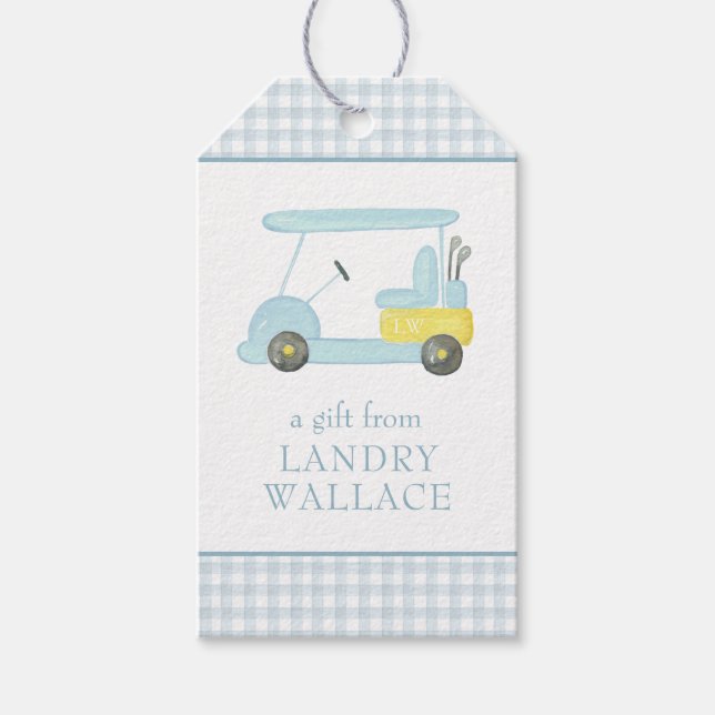 Étiquettes-cadeau Preppy En vichy aquarelle bleu Monogram Golf Panie (Devant)