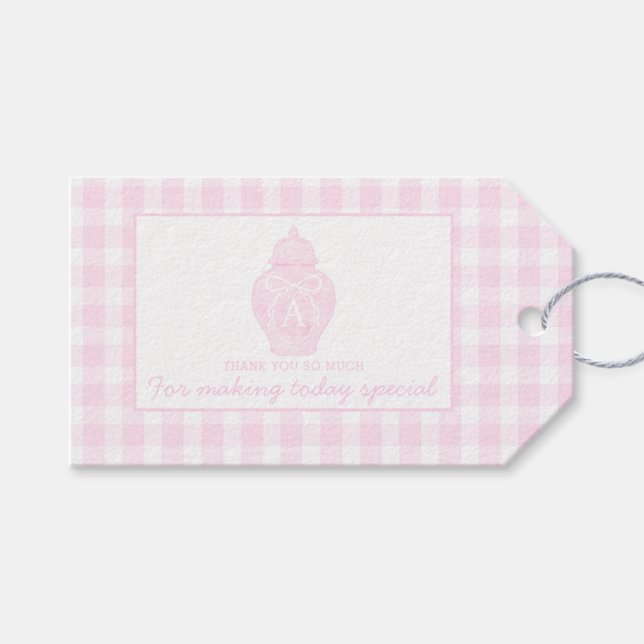 Étiquettes-cadeau Preppy Pink Ginger Jar Monogramme Premier annivers (Devant (Horizontal))