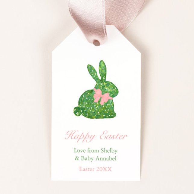 Étiquettes-cadeau Preppy Rose Et Vert Topiary Bunny Douche de Pâques (Preppy boxwood bunny with pink bow Easter gift tags or baby shower favor tags)