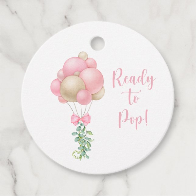 Étiquettes Cadeau Prêt à pop rose ballons Baby shower fille (Devant)