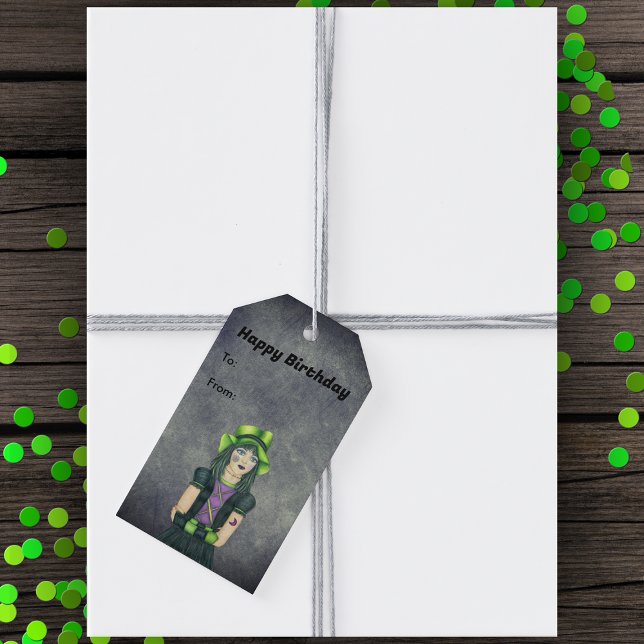 Étiquettes-cadeau Pretty Goth Girl Green Hat Tattoos Birthday Grey (Pretty Goth Girl tattoos green hat black dress on grey with tinge of glowing green birthday gift tag)