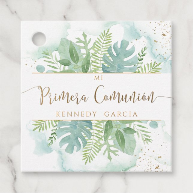 Étiquettes Cadeau Primera Comunion Verdure & Aquarelle bleu vert (Devant)