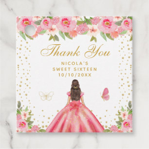 Étiquettes Cadeau Princesse aux Cheveux Bruns Fleur Rose Sweet Seize