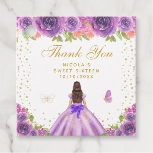 Étiquettes Cadeau Princesse aux Cheveux Bruns Fleur Violette Sweet S