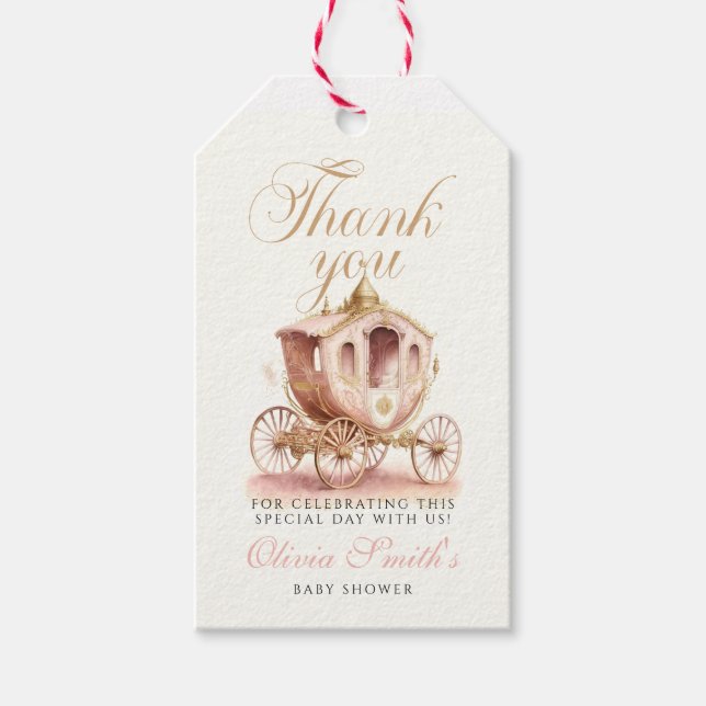 Étiquettes-cadeau Princesse Carriage rose fille baby shower Merci (Devant)