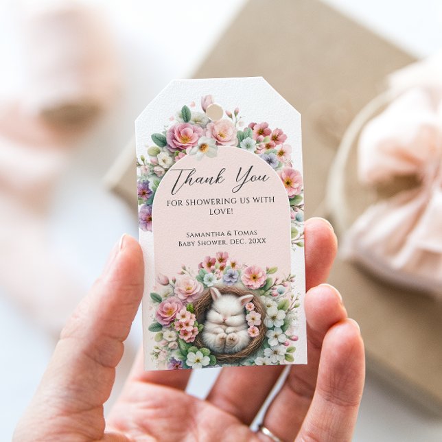 Étiquettes-cadeau Printemps Blush Pink floral lapin bébé fille Douch (Créateur téléchargé)